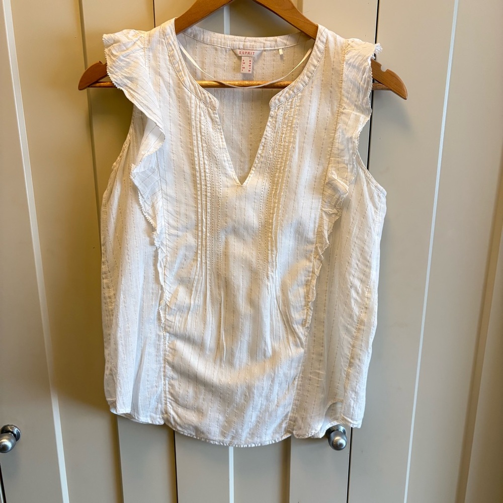 Esprit White V-Neck Sleeveless Ruffle Trim Top